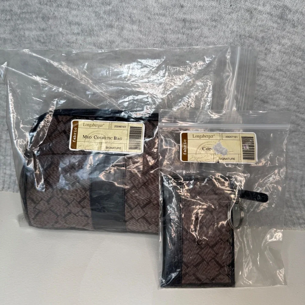 NEW Longaberger Signature Medium Cosmetic Bag and Coin Purse Set Brown Black - Picture 3 of 8